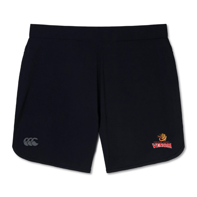 Enjoy the unmatched lightweight comfort of the Raleigh Venom Women's Elite Woven Short by EMB Canterbury, offering an adaptive fit with the Canterbury logo on the left and a striking "Venom" emblem on the right.