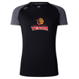The Raleigh Venom Women's Elite Training Tee by WRS Canterbury is a black and gray short-sleeve jersey, made from lightweight recycled polyester, featuring the "Raleigh Rugby Venom" logo with a snake in a rugby helmet, ideal for elite training.
