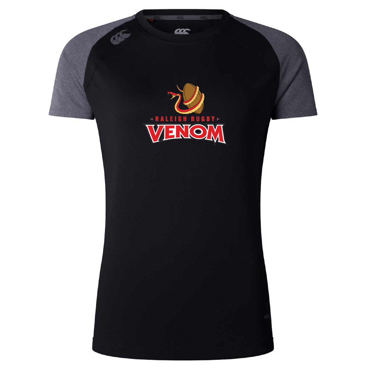 The Raleigh Venom Women's Elite Training Tee by WRS Canterbury is a black and gray short-sleeve jersey, made from lightweight recycled polyester, featuring the "Raleigh Rugby Venom" logo with a snake in a rugby helmet, ideal for elite training.