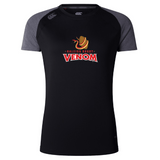 The Raleigh Venom Women's Elite Training Tee by WRS Canterbury is a black and gray short-sleeve jersey, made from lightweight recycled polyester, featuring the "Raleigh Rugby Venom" logo with a snake in a rugby helmet, ideal for elite training.