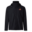 The Raleigh Venom Elite Storm Jacket by EMB Canterbury is a black hooded jacket with a small red and yellow "Venom" logo on the left chest, featuring Vaposhield performance for enhanced breathability.