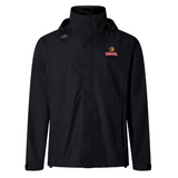 The Raleigh Venom Elite Storm Jacket by EMB Canterbury is a black hooded jacket with a small red and yellow "Venom" logo on the left chest, featuring Vaposhield performance for enhanced breathability.