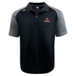 The Raleigh Venom Elite Polo by EMB Canterbury is a black and gray short-sleeved shirt featuring Vapodri fabrics for unmatched comfort. With a button-up collar, it showcases a "Venom" logo on the chest and a "CCC" logo on the shoulder, making it lightweight and durable for daily use.