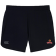 Raleigh Venom Elite Woven Short by EMB Canterbury: Stylish black shorts with subtle logos on both sides, ideal for gym sessions.