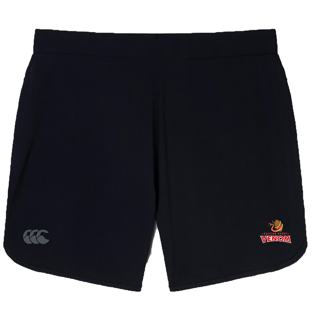 Raleigh Venom Elite Woven Short by EMB Canterbury: Stylish black shorts with subtle logos on both sides, ideal for gym sessions.