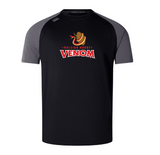 The "Raleigh Venom Elite Training Tee" by WRS Canterbury, available in black and grey, showcases a coiled snake logo and "Raleigh Rugby Venom" text on the front, crafted from Vapodri fabrics for enhanced performance.