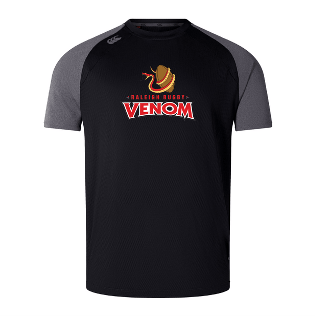 The "Raleigh Venom Elite Training Tee" by WRS Canterbury, available in black and grey, showcases a coiled snake logo and "Raleigh Rugby Venom" text on the front, crafted from Vapodri fabrics for enhanced performance.