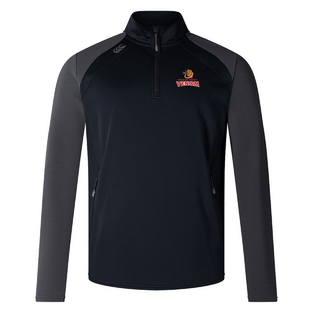 The Raleigh Venom Elite 1/4 Zip Top by Canterbury from EMB Canterbury blends performance and comfort. Featuring a "VENOM" logo on the chest, it's ideal for any activity, offering superior functionality with style in black and gray.