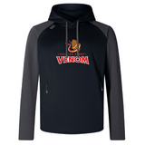 The Raleigh Venom Elite Training Hoody by WRS Canterbury, featuring a snake logo, is crafted from premium fabrics for performance and comfort. It has a dark body with lighter sleeves.