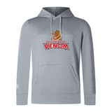 The Raleigh Venom Club Lightweight Hoodie by WRS Canterbury is gray with a "Raleigh Rugby Venom" logo of a stylized snake and rugby ball on the chest. This polyester hoodie includes a kangaroo pocket for storage.