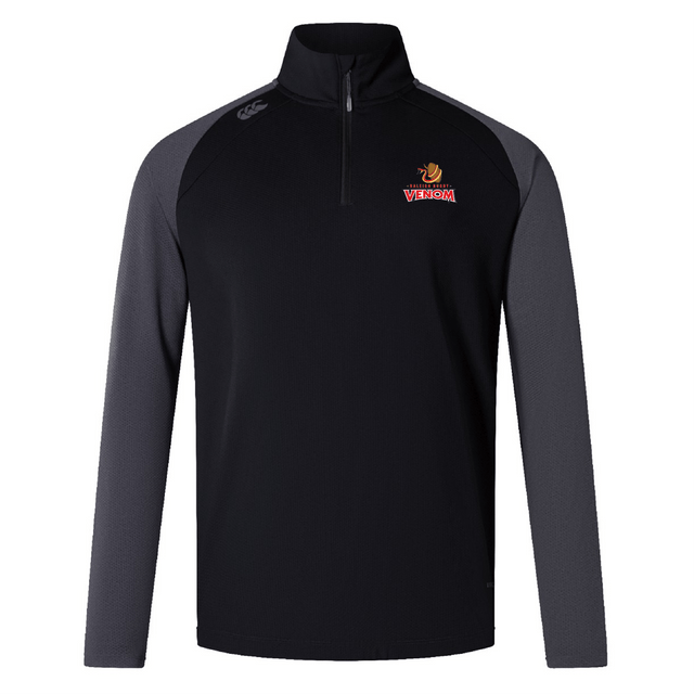Black and gray long-sleeve training top featuring a red logo with gold emblem and "VENOM" in red. Includes VapoDri for moisture control, ensuring comfort during workouts. Part of EMB Canterbury's Fashion Collection: Raleigh Venom Elite First Layer by Canterbury.
