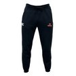 The Raleigh Venom Leisure Sweatpant by EMB Canterbury features black design with two embroidered logos on the front, made from organic cotton and recycled polyester fleece, complete with a drawstring waistband and tapered legs.