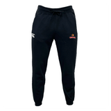 The Raleigh Venom Leisure Sweatpant by EMB Canterbury features black design with two embroidered logos on the front, made from organic cotton and recycled polyester fleece, complete with a drawstring waistband and tapered legs.