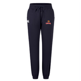 The Raleigh Venom Women's Leisure Sweatpant by EMB Canterbury in navy blue features a cotton blend fleece, drawstring waistband, elastic cuffs, and the Canterbury logo embroidered on both thighs for added style.