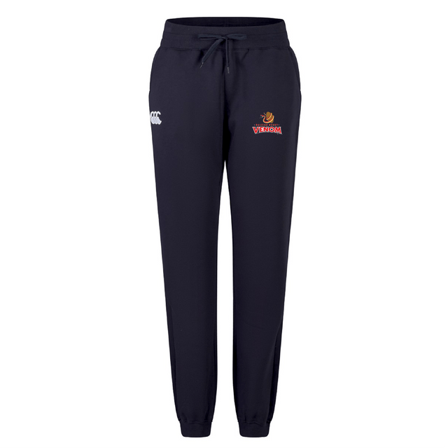 The Raleigh Venom Women's Leisure Sweatpant by EMB Canterbury in navy blue features a cotton blend fleece, drawstring waistband, elastic cuffs, and the Canterbury logo embroidered on both thighs for added style.