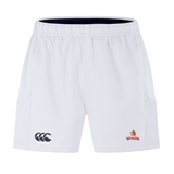 The EMB Canterbury Raleigh Venom Advantage Short 2.0 are white sports shorts with black and red logos, combining style and performance. Made from sustainable materials, these shorts ensure comfort while being eco-friendly.