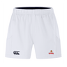 The EMB Canterbury Raleigh Venom Advantage Short 2.0 are white sports shorts with black and red logos, combining style and performance. Made from sustainable materials, these shorts ensure comfort while being eco-friendly.