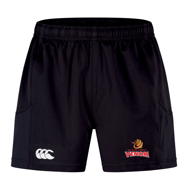 The Raleigh Venom Advantage Short 2.0 by EMB Canterbury features the Canterbury Advantage 2.0 logo on the left and a "Venom" logo on the right, offering black athletic performance shorts for sustainable sportswear enthusiasts seeking style and functionality.