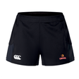 Discover the Raleigh Venom Women's Advantage Short 2.0 by EMB Canterbury, designed for peak performance with recycled materials. These black shorts feature a white logo on the left thigh and a red and yellow emblem on the right, seamlessly blending style with sustainability.