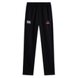 Introducing the Raleigh Venom Stretch Tapered Pant by EMB Canterbury: black tapered track pants featuring the Canterbury logo, emblem on the front, and quick dry fabric, perfect for workouts.