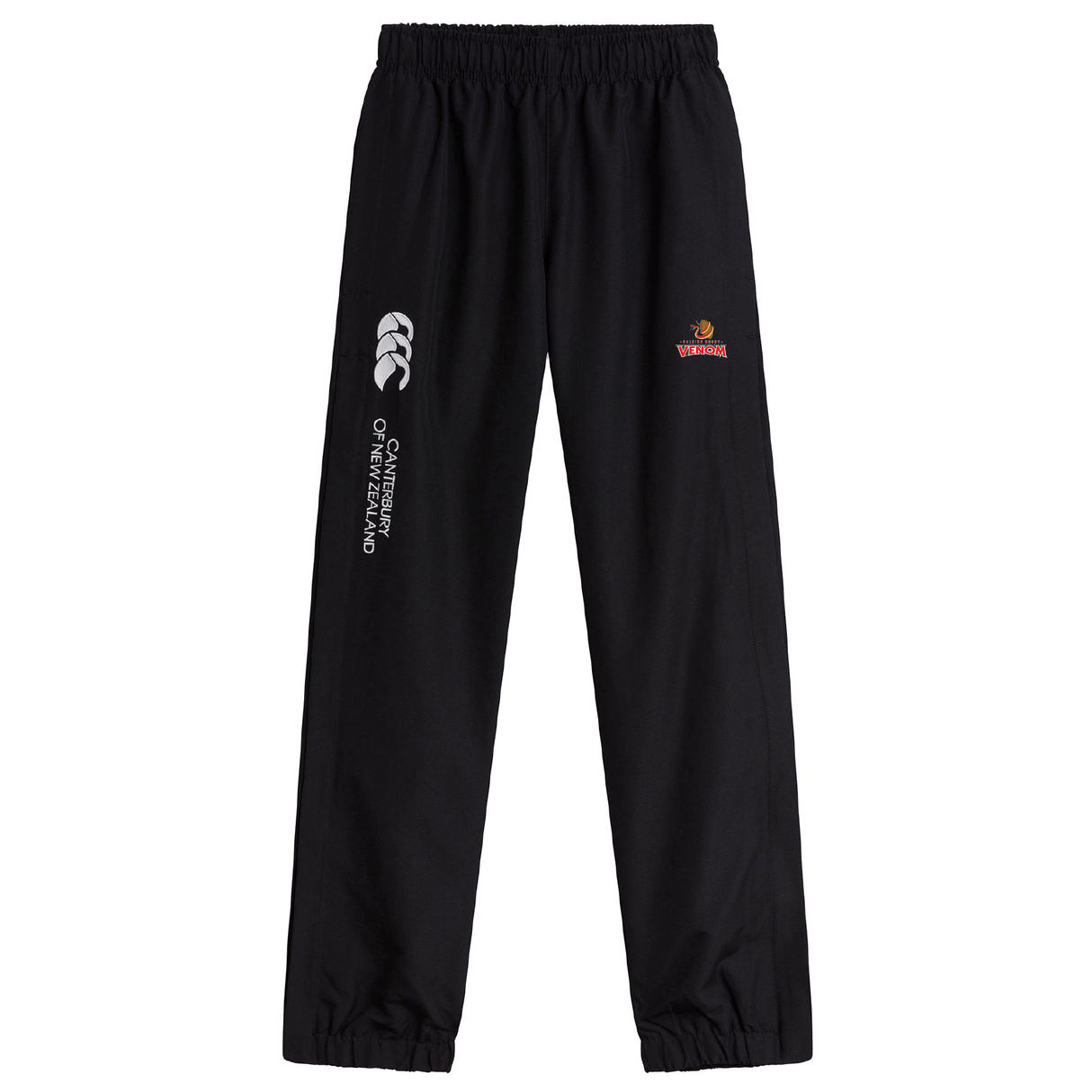 The Raleigh Venom Cuffed Hem Stadium Pant by EMB Canterbury features black rugby pants with an elastic waistband, cuffed hems, the Canterbury logo, and a red and gold emblem on the thigh.