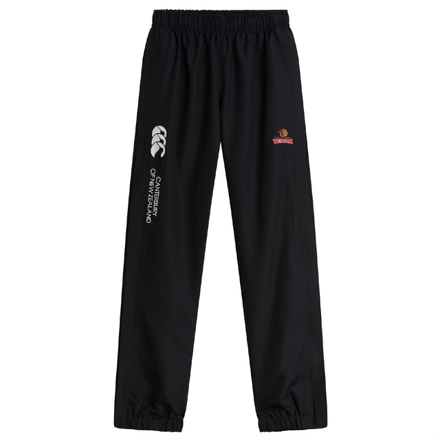 The Raleigh Venom Cuffed Hem Stadium Pant by EMB Canterbury features black rugby pants with an elastic waistband, cuffed hems, the Canterbury logo, and a red and gold emblem on the thigh.
