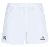 The Raleigh Venom Advantage Rugby Shorts by EMB Canterbury are white with a Canterbury logo on the left and a Venom logo on the right. Made with moisture-wicking fabric, they ensure comfort and feature non-slip grips for enhanced performance.