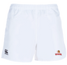 The Raleigh Venom Professional Rugby Shorts by EMB Canterbury are white polyester, featuring an elastic waistband, the Canterbury logo on the left, and the Venom logo on the right.
