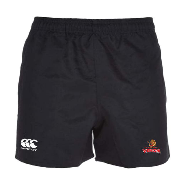 Raleigh Venom Advantage Rugby Shorts by EMB Canterbury feature moisture-wicking fabric, with a white "canterbury" logo on the left and a colorful "VENOM" logo with a snake on the right.