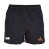 Raleigh Venom Advantage Rugby Shorts by EMB Canterbury feature moisture-wicking fabric, with a white "canterbury" logo on the left and a colorful "VENOM" logo with a snake on the right.