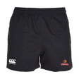 Raleigh Venom Professional Rugby Shorts by EMB Canterbury are durable polyester shorts featuring an elastic waistband, a Canterbury logo on the left leg, and a Venom emblem on the right.