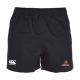Raleigh Venom Professional Rugby Shorts by EMB Canterbury are durable polyester shorts featuring an elastic waistband, a Canterbury logo on the left leg, and a Venom emblem on the right.