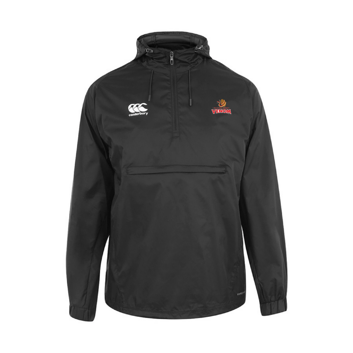The Raleigh Venom Packaway Jacket by EMB Canterbury is a black hooded design featuring a relaxed fit, half-zip, water-resistant fabric, logo on the left chest, white "Canterbury" branding on the right chest, elastic cuffs, and a front pouch pocket.