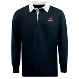 The Raleigh Venom Classic Long Sleeve Solid Rugby Jersey by EMB Mudoo is a classic rugger in black, featuring a white collar and a small red and yellow rooster emblem on the chest, crafted from a comfortable cotton/poly blend.