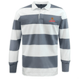 The Raleigh Venom Classic Long Sleeve Hooped Rugby Jersey by EMB Mudoo exudes nostalgic charm with its wide gray and white stripes, long sleeves, smart collar, and iconic "Venom" logo on the chest—a timeless classic with modern appeal.