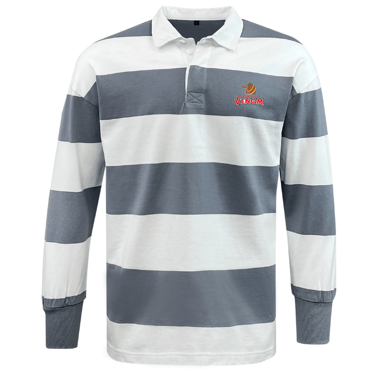 The Raleigh Venom Classic Long Sleeve Hooped Rugby Jersey by EMB Mudoo exudes nostalgic charm with its wide gray and white stripes, long sleeves, smart collar, and iconic "Venom" logo on the chest—a timeless classic with modern appeal.