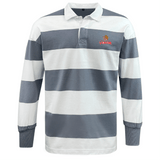 The Raleigh Venom Classic Long Sleeve Hooped Rugby Jersey by EMB Mudoo exudes nostalgic charm with its wide gray and white stripes, long sleeves, smart collar, and iconic "Venom" logo on the chest—a timeless classic with modern appeal.