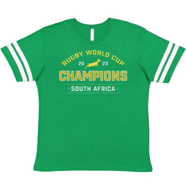 A green South Africa RWC 23 Champions Football Tee celebrating South Africa's rugby victory as WRS LAT.
