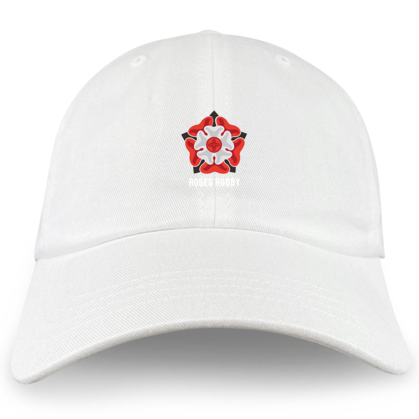 The Roses Rugby Adult Low-Profile Cotton Twill Dad Cap by EMB S&S Activewear features embroidered team branding: a red and white rose emblem with "ROSES RUGBY" on the classic white cotton twill front.