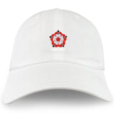 The Roses Rugby Adult Low-Profile Cotton Twill Dad Cap by EMB S&S Activewear features embroidered team branding: a red and white rose emblem with "ROSES RUGBY" on the classic white cotton twill front.