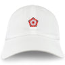The Roses Rugby Adult Low-Profile Cotton Twill Dad Cap by EMB S&S Activewear features embroidered team branding: a red and white rose emblem with "ROSES RUGBY" on the classic white cotton twill front.