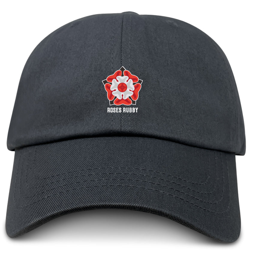 The EMB S&S Activewear Roses Rugby Adult Low-Profile Cotton Twill Dad Cap is black, featuring a red and white rose emblem with "ROSES RUBBY" on the front.