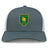 The Riverlands Rugby Retro Trucker Cap by EMB S&S Activewear features a yellow and green "Riverland Rugby Golden Boars" logo with boar graphic, polyester-cotton blend, gray/white colors, and an adjustable snapback closure.