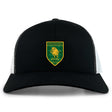 The Riverlands Rugby Retro Trucker Cap by EMB S&S Activewear features a front view in black and white, a green and yellow Riverlands Rugby Boars logo on the front panel, and is made from a comfortable polyester-cotton blend.