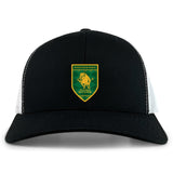 The Riverlands Rugby Retro Trucker Cap by EMB S&S Activewear features a front view in black and white, a green and yellow Riverlands Rugby Boars logo on the front panel, and is made from a comfortable polyester-cotton blend.