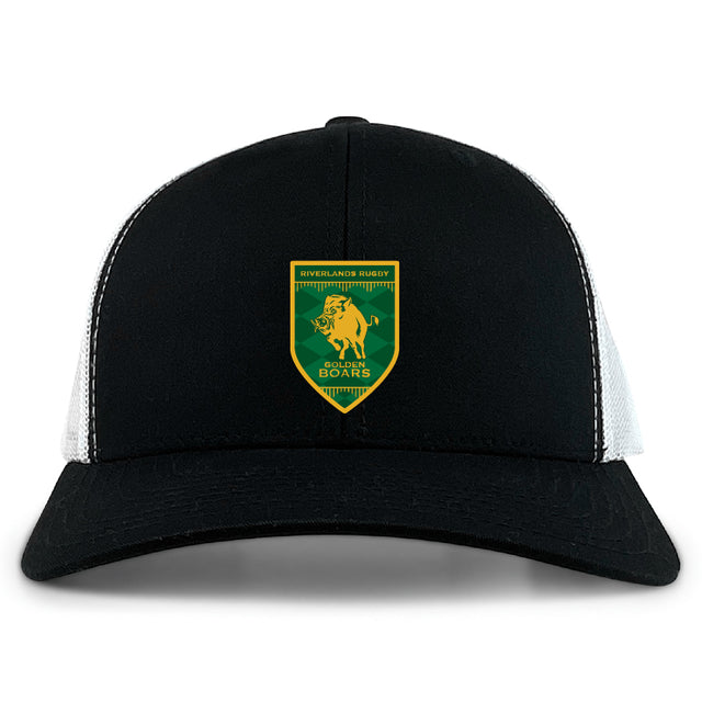 The Riverlands Rugby Retro Trucker Cap by EMB S&S Activewear features a front view in black and white, a green and yellow Riverlands Rugby Boars logo on the front panel, and is made from a comfortable polyester-cotton blend.