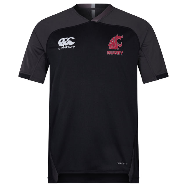 The Washington State University Vapodri Evader Jersey by Canterbury is a black short-sleeve jersey with "Canterbury" and "WSU Rugby" logos on the chest and a "Vapodri" label for advanced comfort from EMB Canterbury.