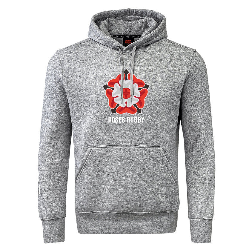 The Roses Rugby Club Hoodie by WRS Canterbury features a gray color with a red and white rose emblem, "ROSES RUGBY" text, sweatshirt fleece material, front pocket, drawstring hood, and subtle branding—ideal for players and fans alike.