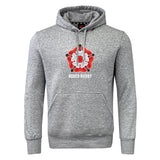 The Roses Rugby Club Hoodie by WRS Canterbury features a gray color with a red and white rose emblem, "ROSES RUGBY" text, sweatshirt fleece material, front pocket, drawstring hood, and subtle branding—ideal for players and fans alike.