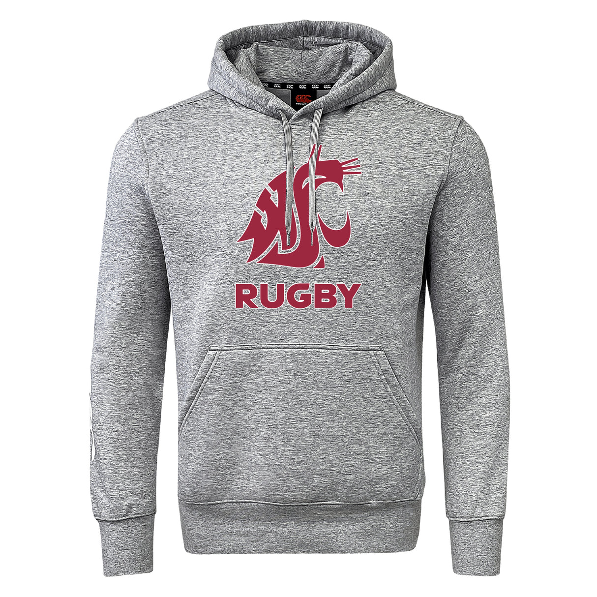 Show your team spirit with the Washington State University Club Hoodie by WRS Canterbury, featuring a bold red cougar logo above "RUGBY" in striking red and a handy front pocket for true club branding.